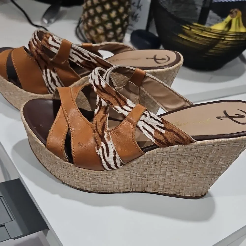 Patterned Brown and Tan Wedge Sandals
